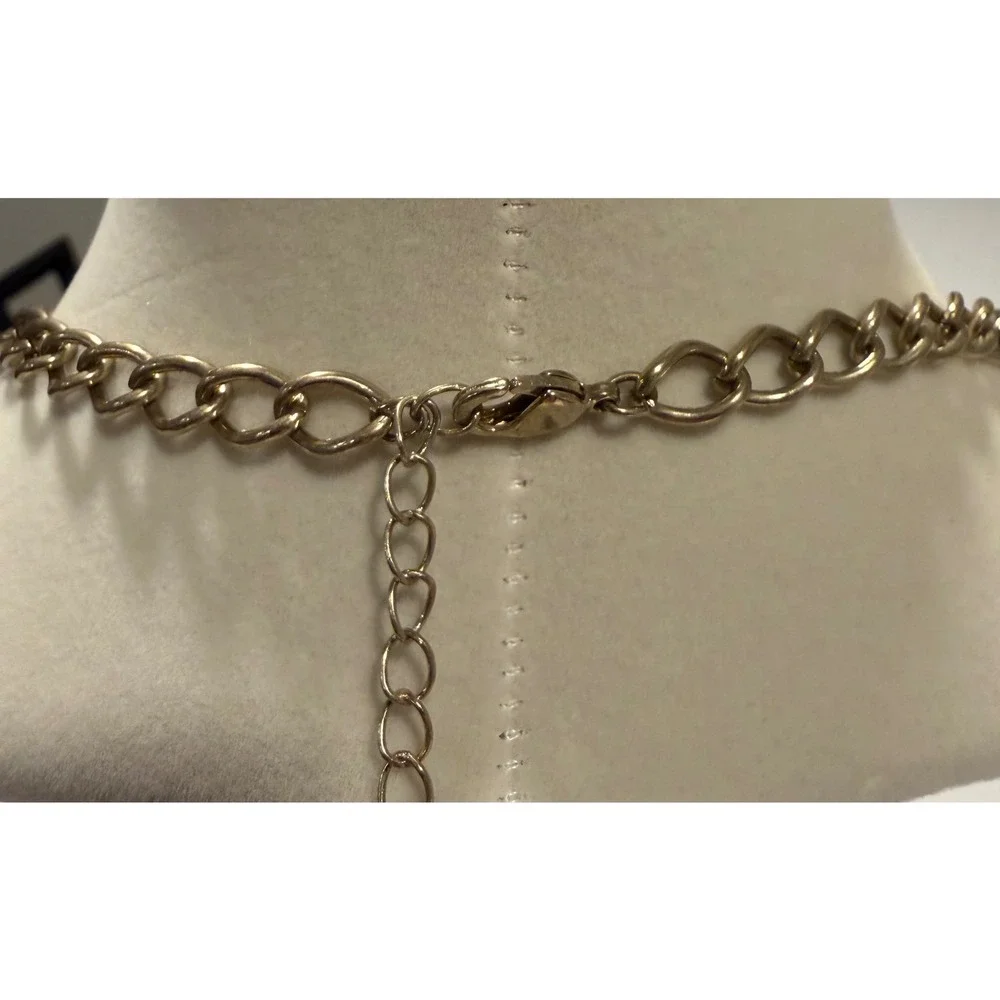 Red Orange Faux Stone Teardrop Statement Necklace Gold Tone Curb Chain Bib